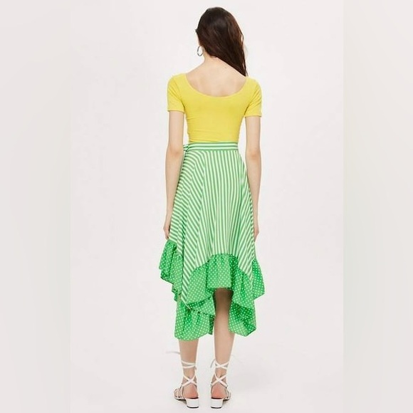 Topshop white and green polka dots and stripes asymmetrical ruffle midi skirt - Picture 2 of 10